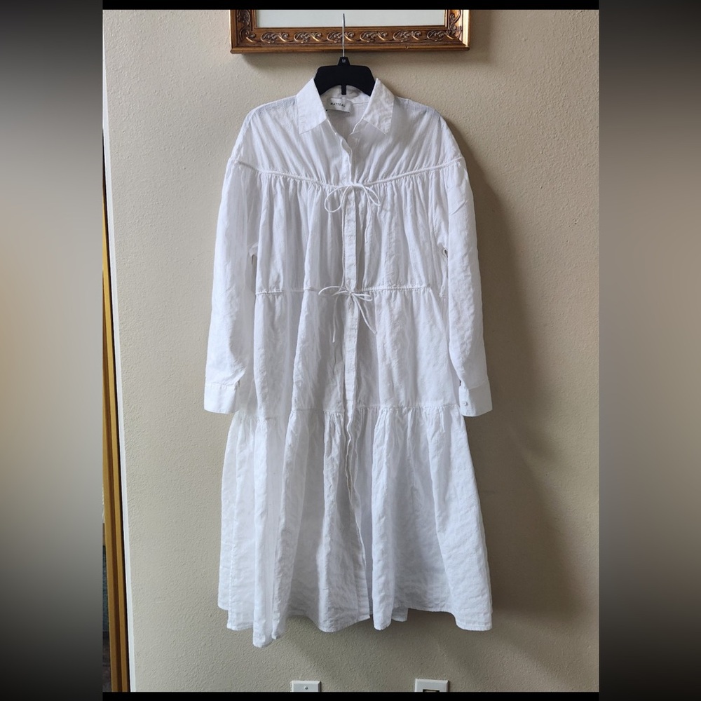 MATTEAU Tiered Embroidered Crinkled Cotton-Voile Maxi Shirt Dress size 10